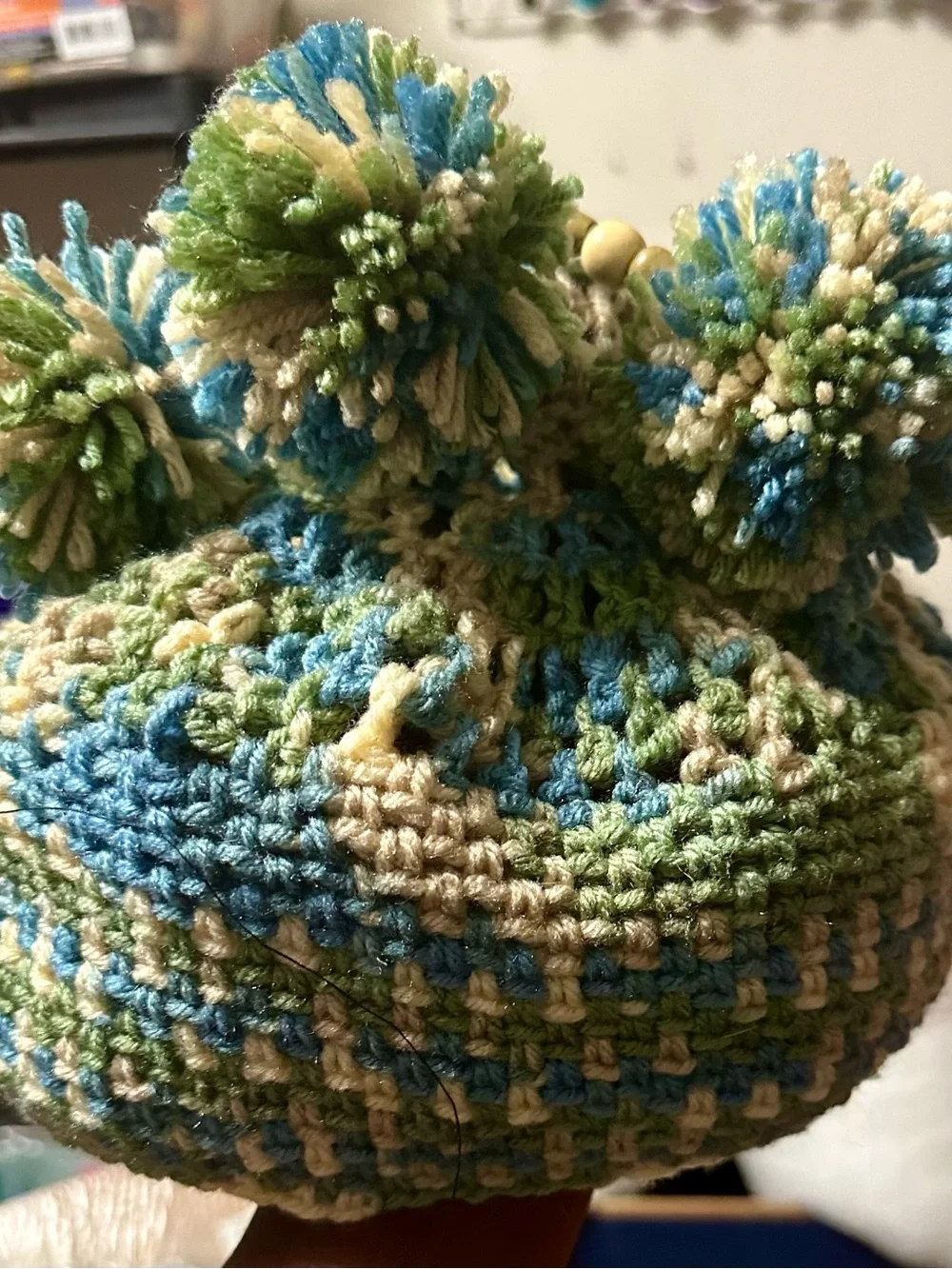 One-of-a-Kind Handcrafted Hippie Crochet Pom-Pom Hat Boho Beanie Wood Beads